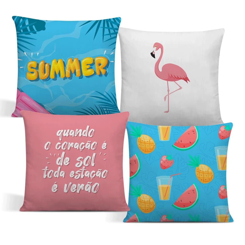 Kit 04 Capa de Almofada 42cm x 42cm Digital Estampa Melância Flamingo Rosê
