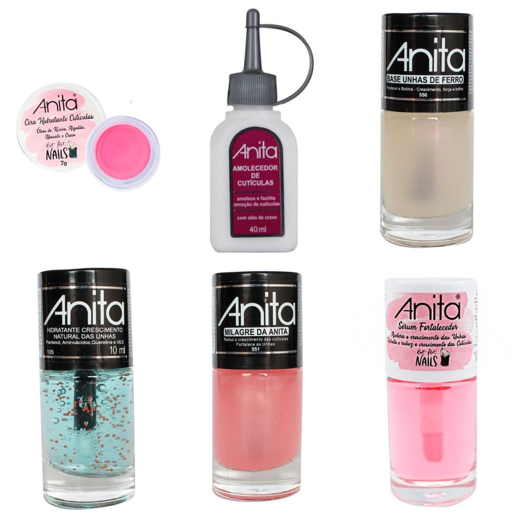 Kit 6 Prod. Tratamento para Unhas Anita. (Cera + Amolecedor de Cutículas 40 ml+ 4 Esmaltes)