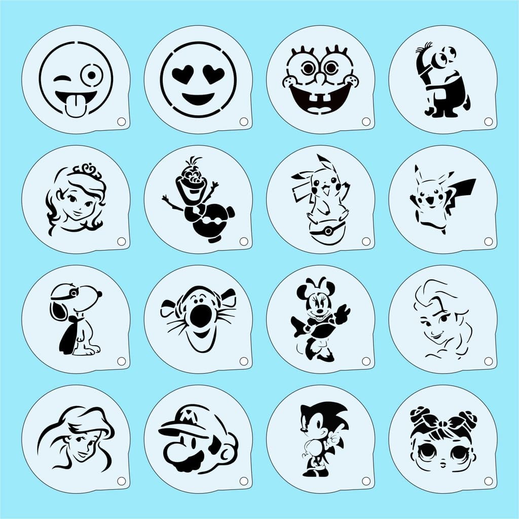Stencil Personagens (2) Infantis Kit 16 Moldes 7x7cm