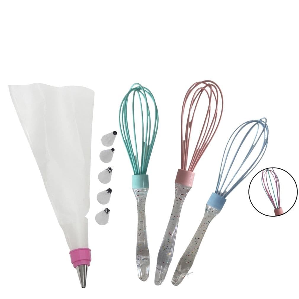 Kit Confeiteiro Saco Reutilizável de Creme para Confeitaria com 6 bicos para Decoração + Fuet Fue Batedor de Ovos Mexedor de Clara