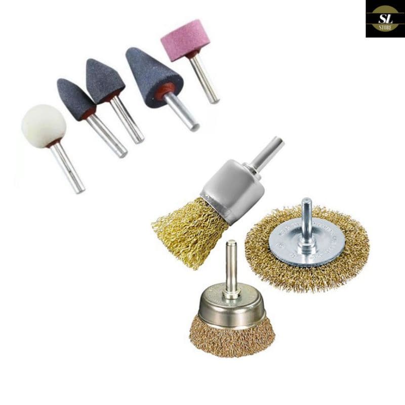 Kit 3 Escovas de Aço + 5 Pontas Montadas Parafusadeira Furadeira Limpeza/ Desbaste / Micro Retífica