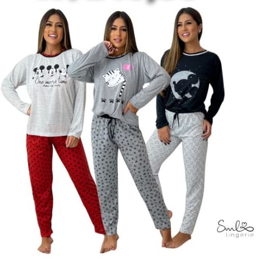 KIT 3 PIJAMAS FEMININO MANGA LONGA ADULTO