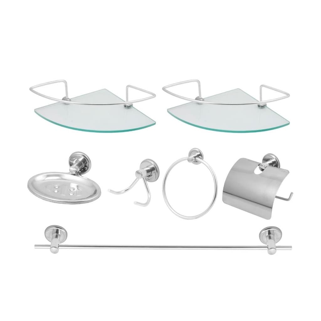 Kit banheiro acessórios Completo Aço Inox 7 Peças com Prateleira Porta Shampoo Vidro