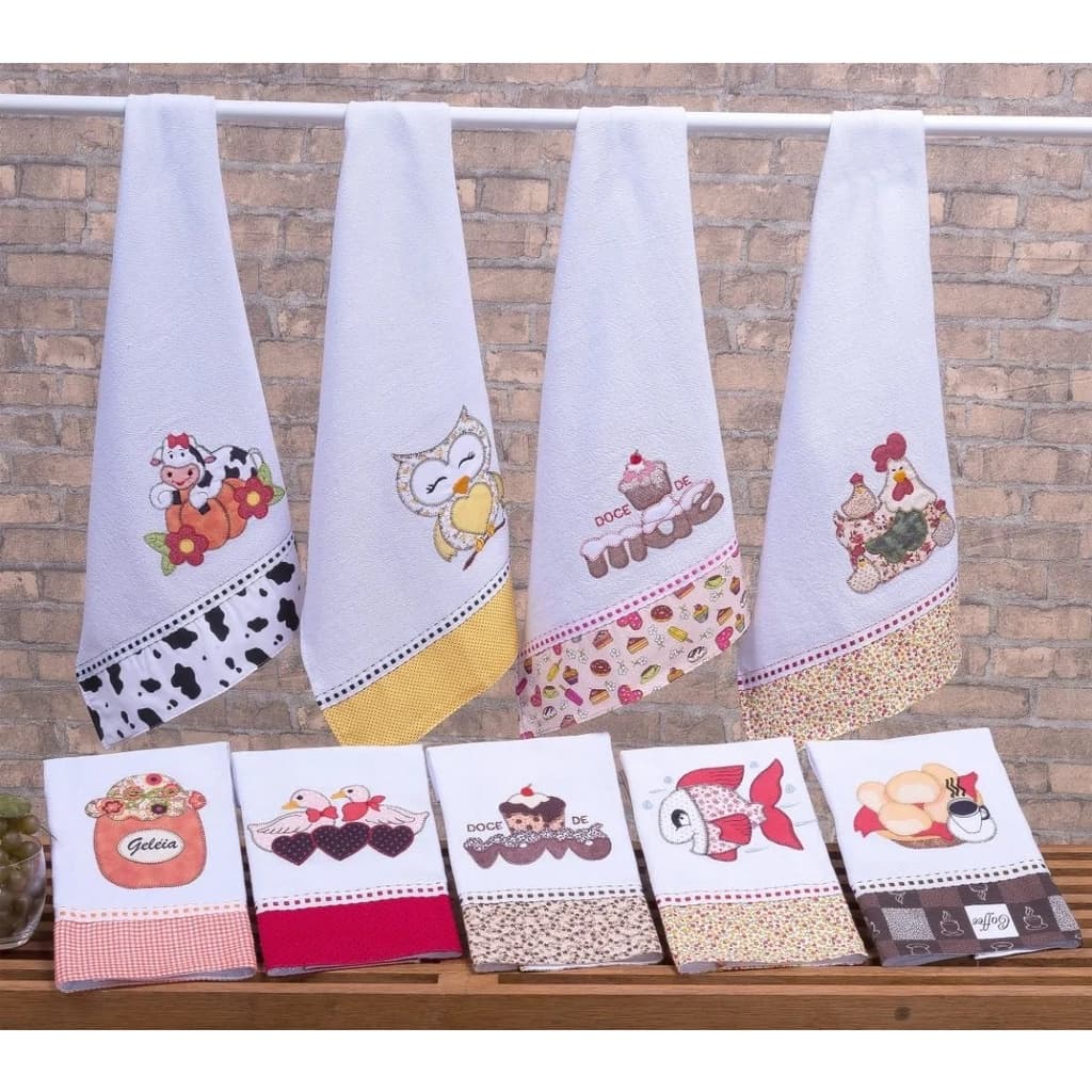 Kit 10 Panos De Prato Bordado Pé De Galinha 100% Algodão Patchwork