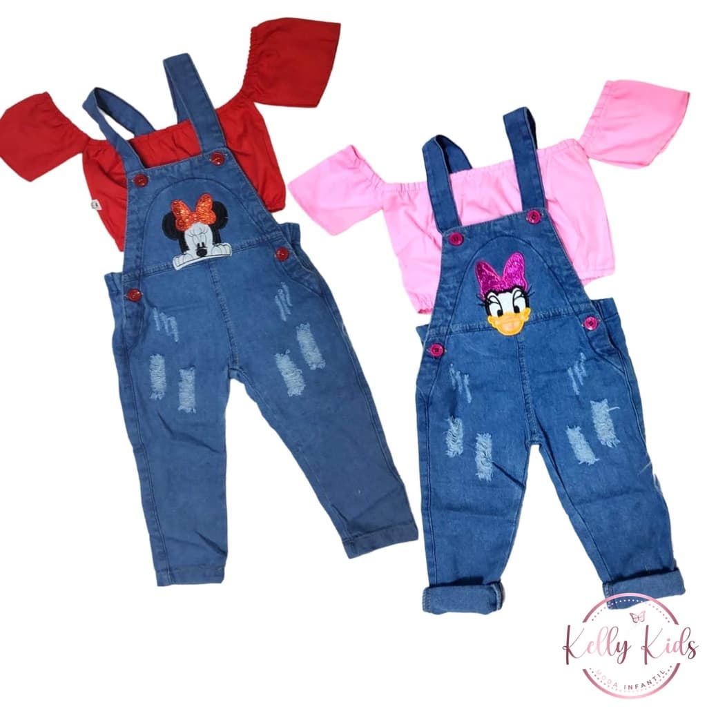 conjunto Jardineira Macacão calça jeans infantil com cropeed ciganinha
