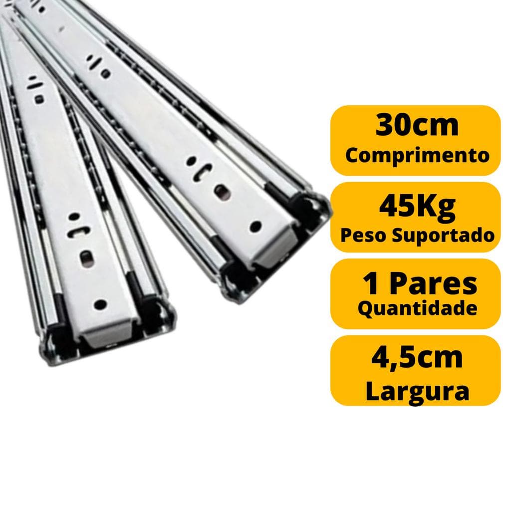 Corrediça Telescópica Para Gaveta Reforçada 30cm 1 Par 45 Kg