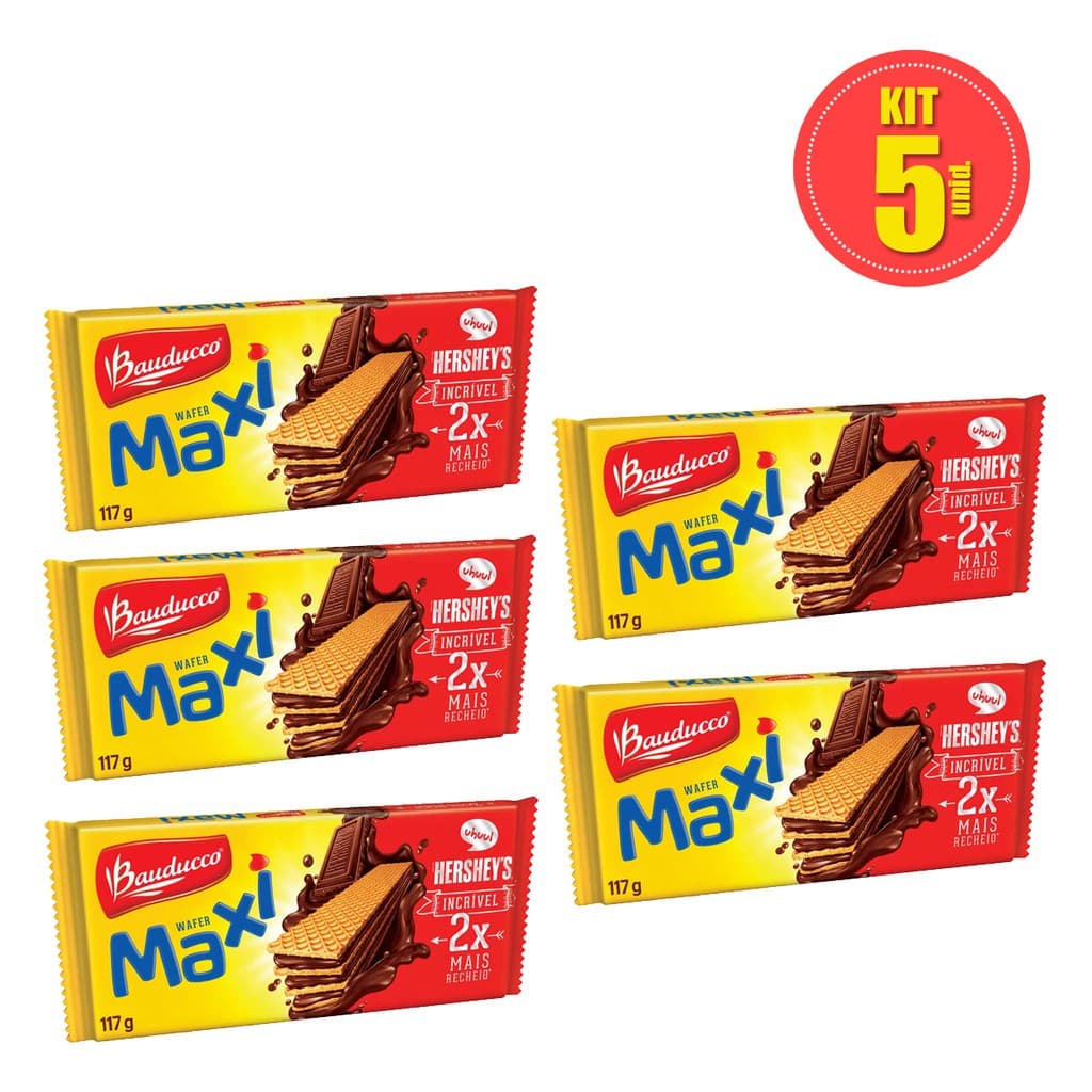 Kit 5 Biscoito Wafer Bauducco Maxi Chocolate Pacote 117g Cada