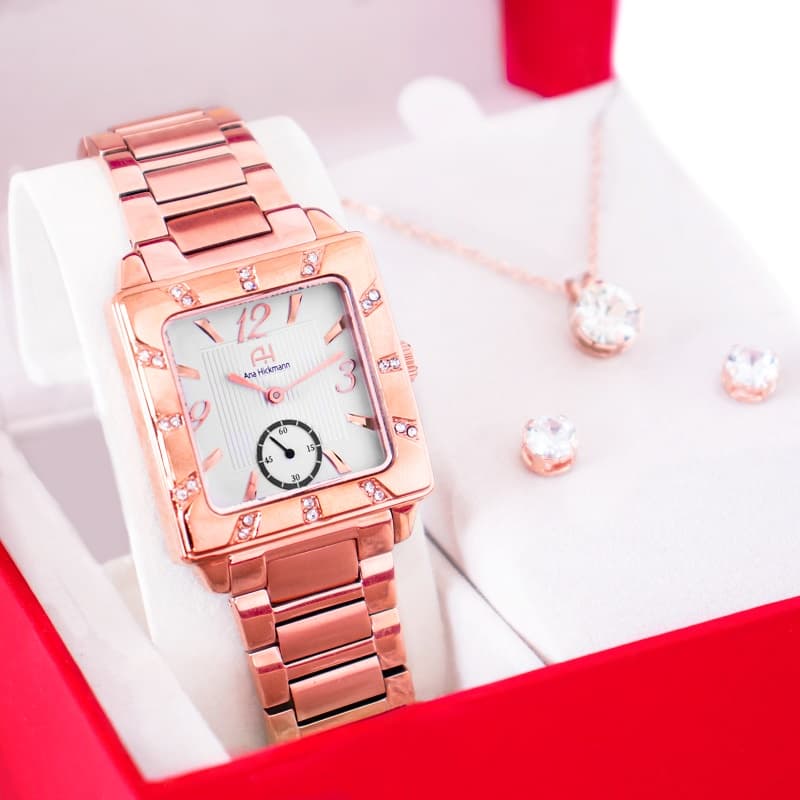 Kit Relógio Feminino Champion Ana Hickmann Rosé Analógico com Colar e Brincos Perfeito AH28517Z
