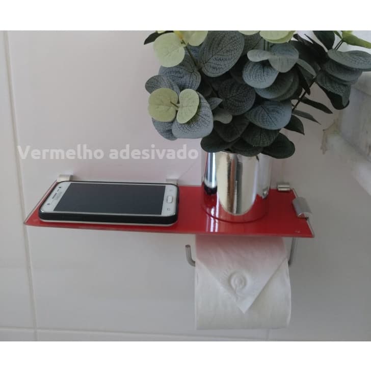 Papeleira De Vidro Vermelho Para Banheiro Porta Papel Higiênico Com Prateleira Para Celular