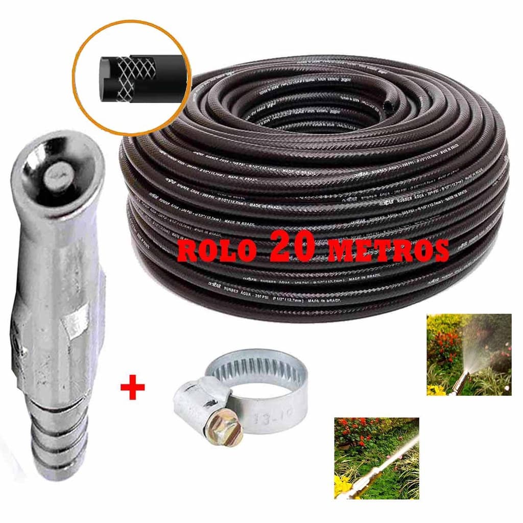Mangueira Jardim Reforçada 1/2 300 Psi Para Água 20 metros + Esguicho De Metal Ajustável