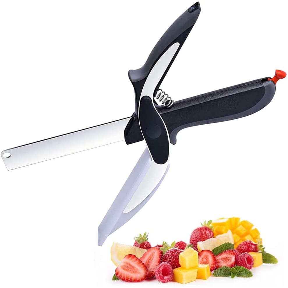 Tesoura de comida, cortador inteligente, cortador de frutas, cortador de legumes, cortador fácil de cortar, tesoura de cozinha inteligente 2 em 1 para piqueniques e legumes, rápido e fácil manual