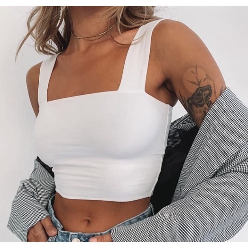 Cropped poliamida alças grossa feminino decote reto forro duplo retrô básico minimalista sem bojo liso dia dia