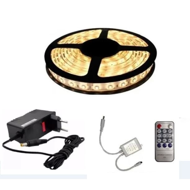 Fita De Led 3528 5 metros IP65 Com Silicone Branca Quente + Controle Dimmer + Fonte Bivolt Sanca Decoração Branco Quente