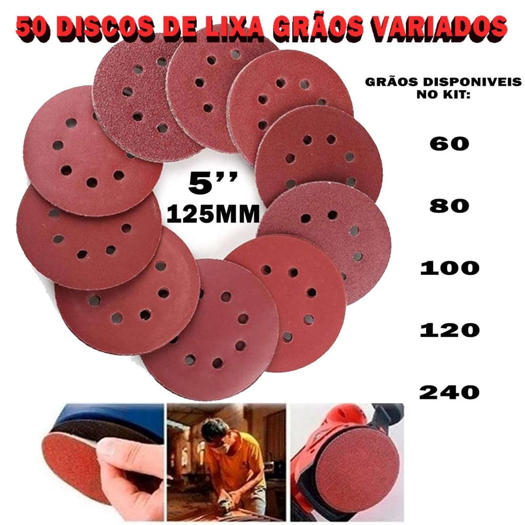 50 Discos De Lixa 125mm 5" Alto Colantes Grãos Variados