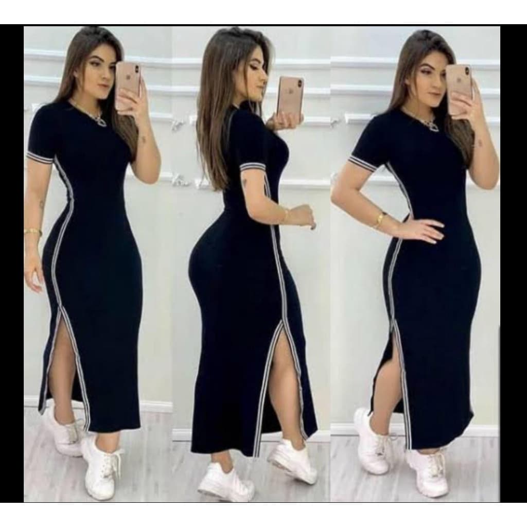 Vestido feminino longo gola rasa manga curta fenda na lateral listra fina