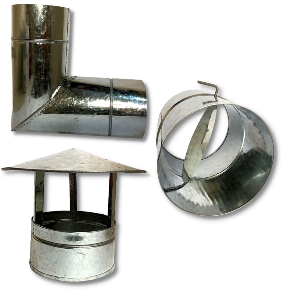 Kit Chaminé Para Churrasqueira Pré Moldada 150mm Galvanizada Tubo Duto Chapéu Curva 90 graus Dumper 3 Peças Completo