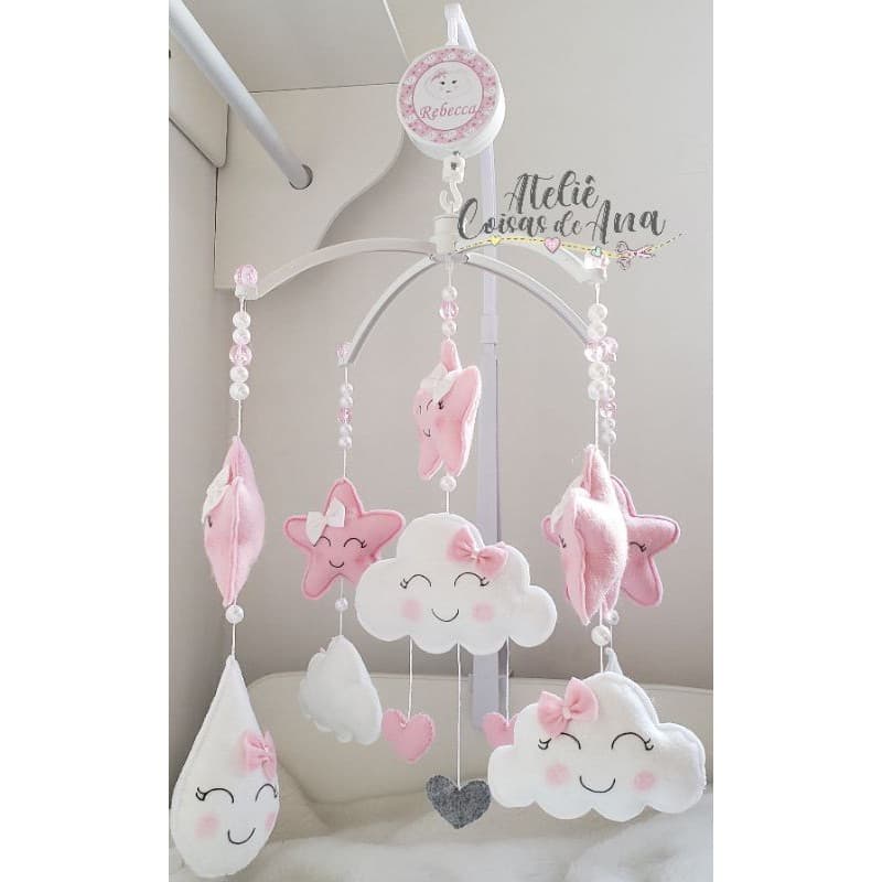 móbile musical giratório chuva de amor rosa bebe berço