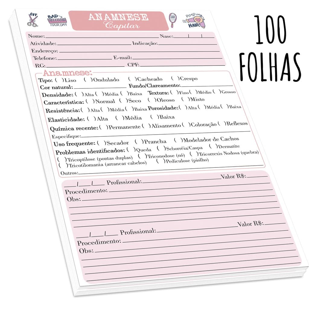 Ficha de Anamnese Capilar (100 folhas) - Bloco Anamnese Capilar