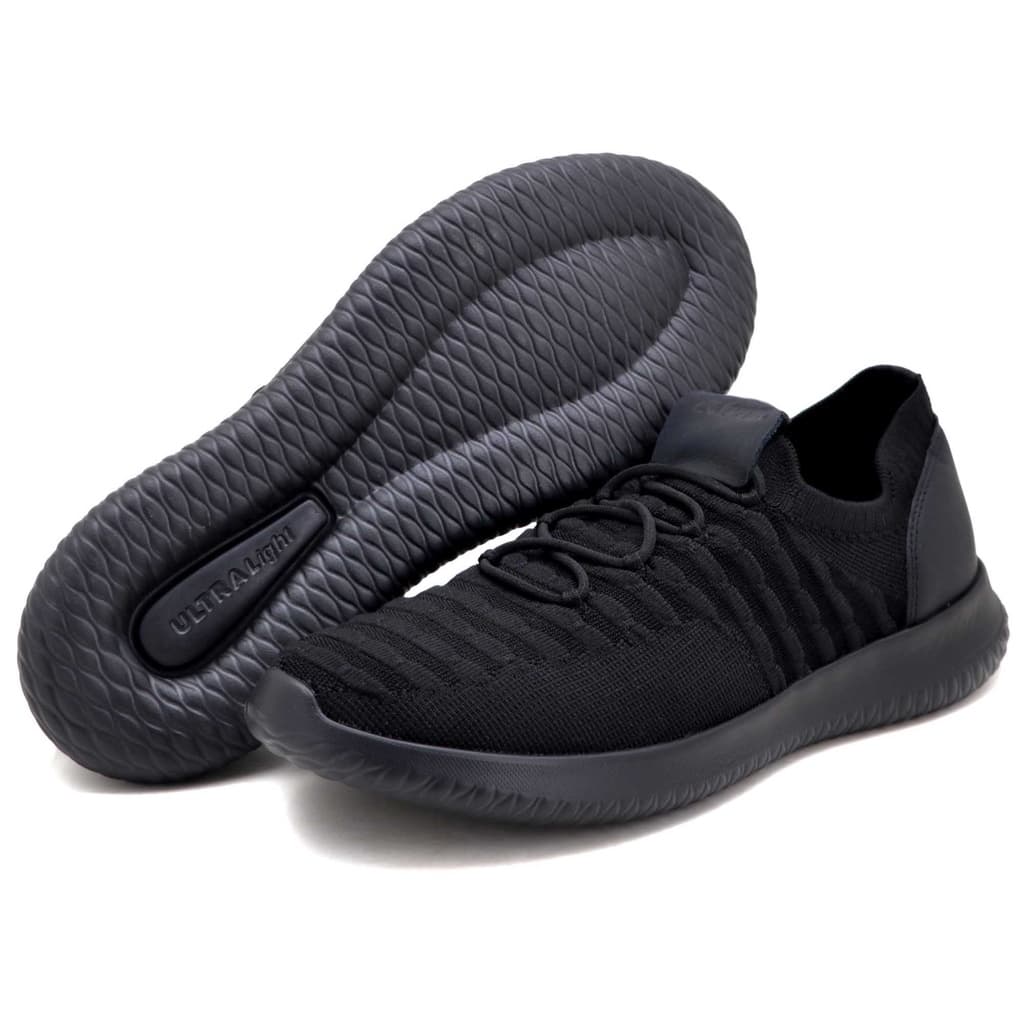 Tênis masculino knit esportivo para caminhada e academia ultra leve na cor preta- 545