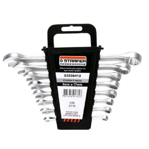 Jogo chave boca combinada Starfer Aço Carbono CRI 8 peças 6 a 17 mm PROFISSIONAL PRO BRIND SUPORTE PAREDE PLÁSTICO