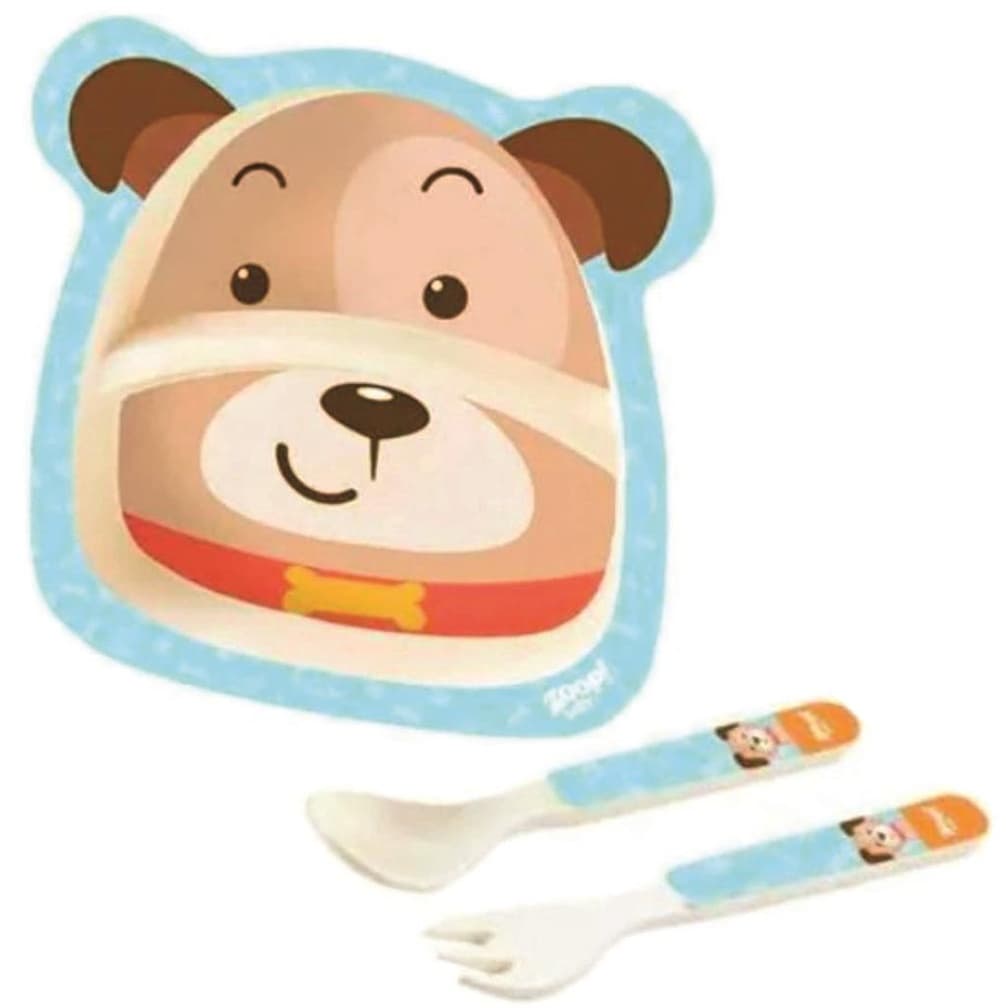 Kit Alimentação para Bebê Prato Infantil + Colher e Garfo Cachorrinho Menino Menina Criança 1 Ano