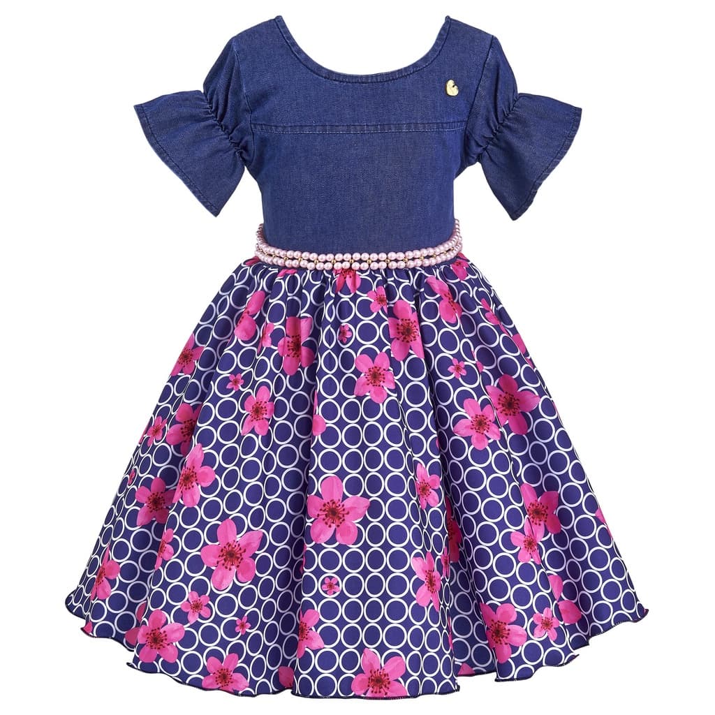 Vestido Infantil Jeans Azul Marinho Com Saia Floral Rosa Festa