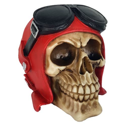 Caveira Aviador Vermelho Enfeite Cranio Estatueta Resina
