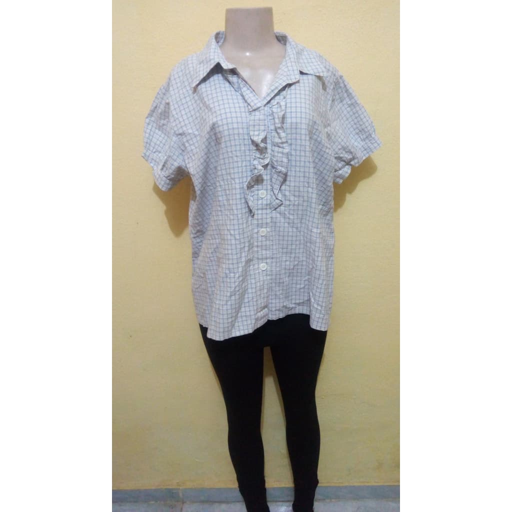 Blusa / Camisa Feminina  quadriculada  Com Manga Vintage Folgada /G- babado e botões-moda feminina-melhor preço