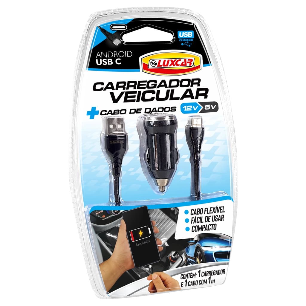 Carregador Veicular + Cabo De Dados Luxcar Android Usb C 12v