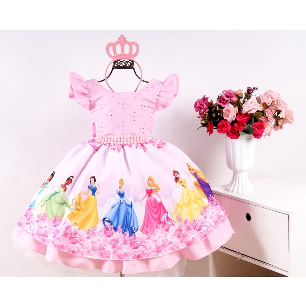 Vestido Infantil Princesa Tematico Aniversario Rosa Com Tiara de Coroa.