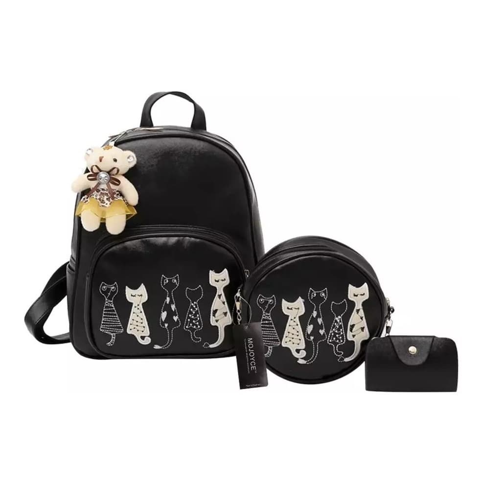Mochila Gatinho Luxo C/4 Pecas Feita Em Couro + Ursinho