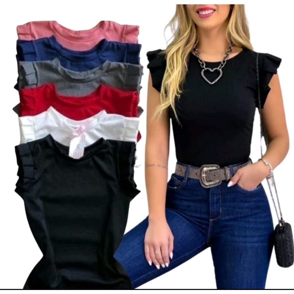 Regata Feminina Canelada Blusa com Babado Blusinha Ribana Blogueira Moda