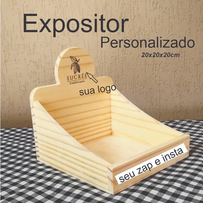 Expositor de madeira para doces, Brownie, Palha Italiana, Personalizado com sua logo