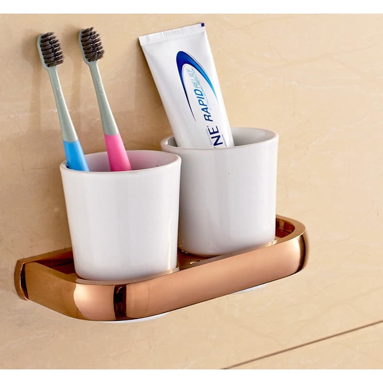Suporte De Escova De Dentes Montado Na Parede De Latão Dourado Rosa Conjuntos De Hardware Do Banheiro Copo Duplo Com Doi