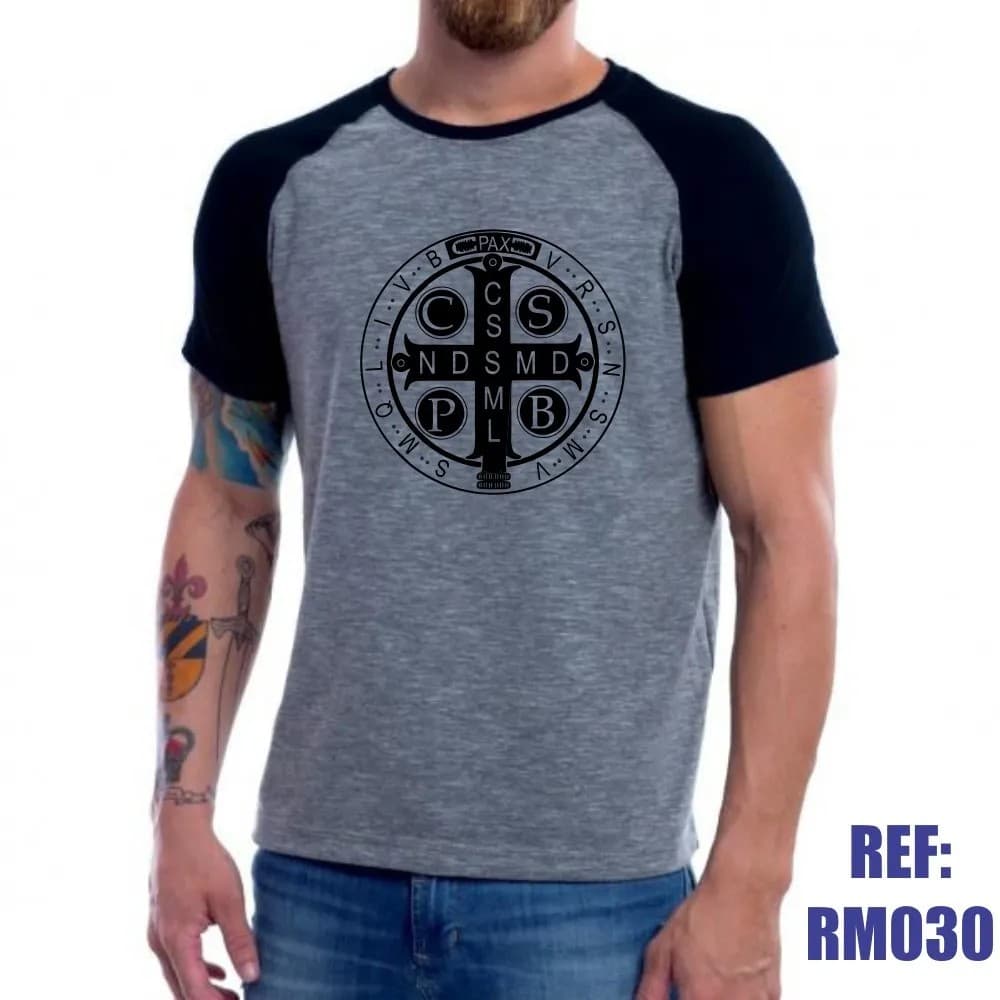 Camisa Raglan Medalha São Bento Sagrada Cruz Mescla