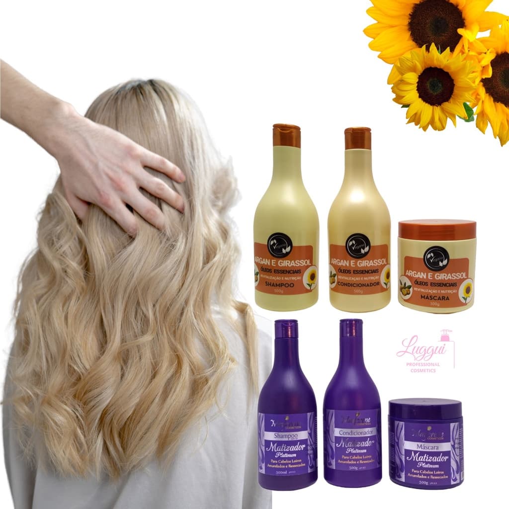 Kit Óleo de Argan E Girassol 100% Vegan + Kit Matizador Cabelos Loiros 500ml Maycrene
