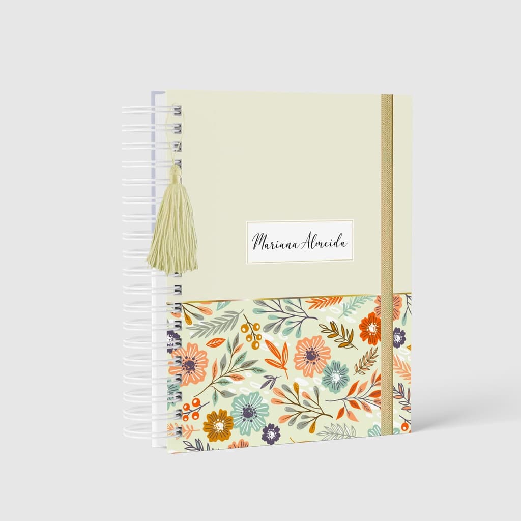 Agenda 2027 Personalizada  Floral Amarela com folhas Laranja com Nome