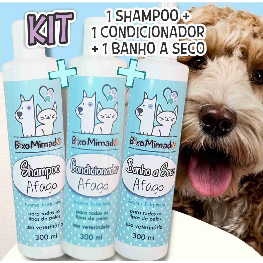 Kit Shampoo Neutro + Condicionador + Banho Seco Afago Talquinho 300ml - Banho Tosa Pet Shop Cachorro