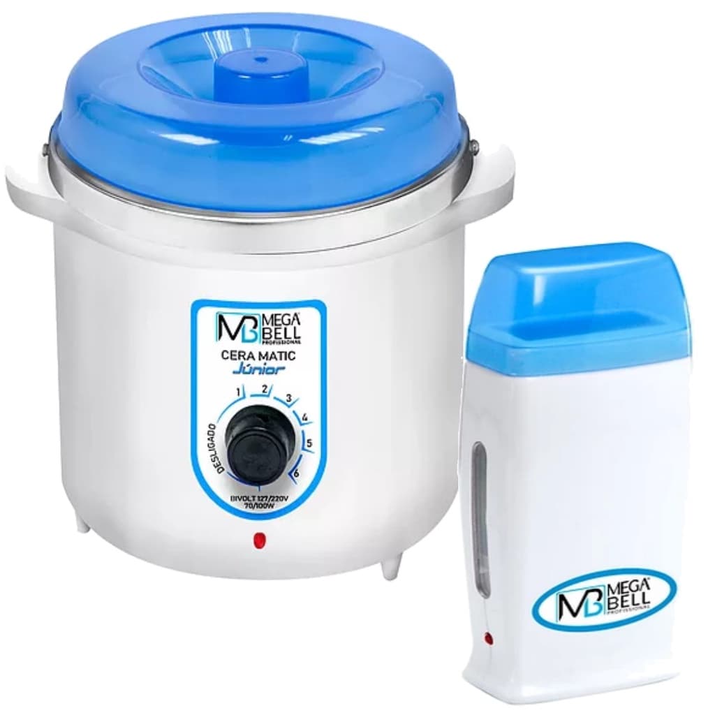 Kit Depilação Termocera 400gr Sem Refil Branca Com Azul + Aquecedor de Cera Roll-on Azul Mega Bell