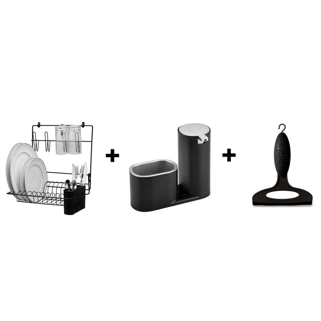 Kit Cozinha Escorredor PRETO Dobrável de Louças + Dispenser Porta Detergente e Bucha Detergente Robusto + Rodinho de Pia 13CM Preto