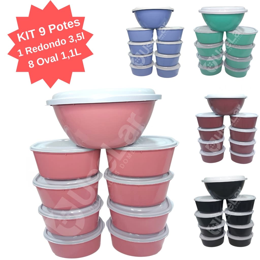 Kit 09 Pote Oval Cozinha Vasilha de Plástico Armazenamento de Alimentos Marmita