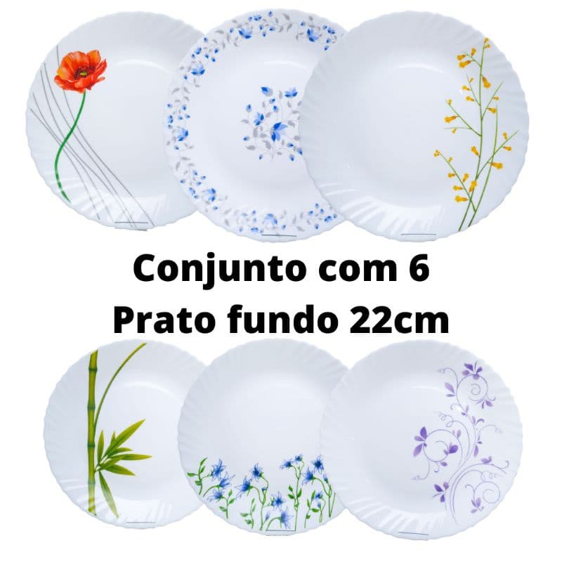 Conjunto 6 pratos fundos 22cm opal estampado louça vidro temperado opaline prato de sopa
