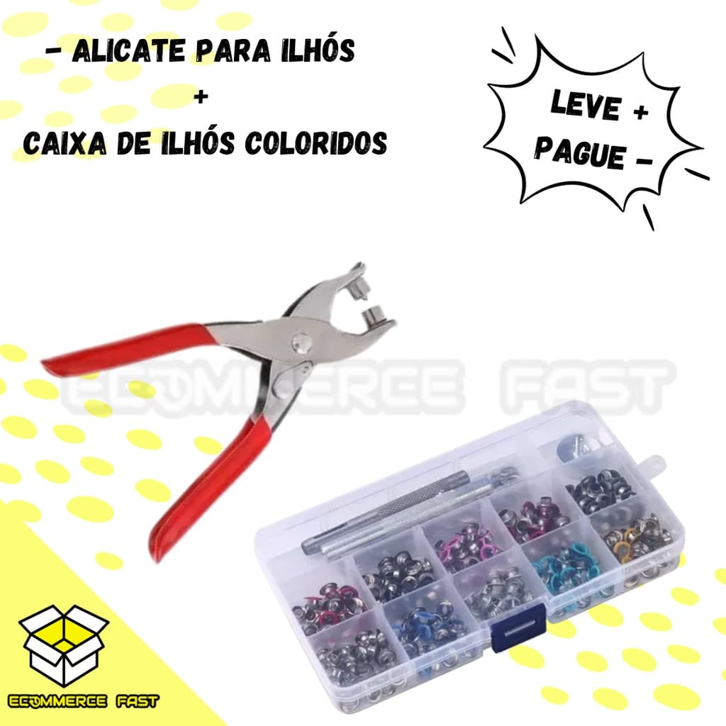 Alicate para ilhós + caixa de ilhós coloridos + ilhós dourados - Artesanato/Patchwork