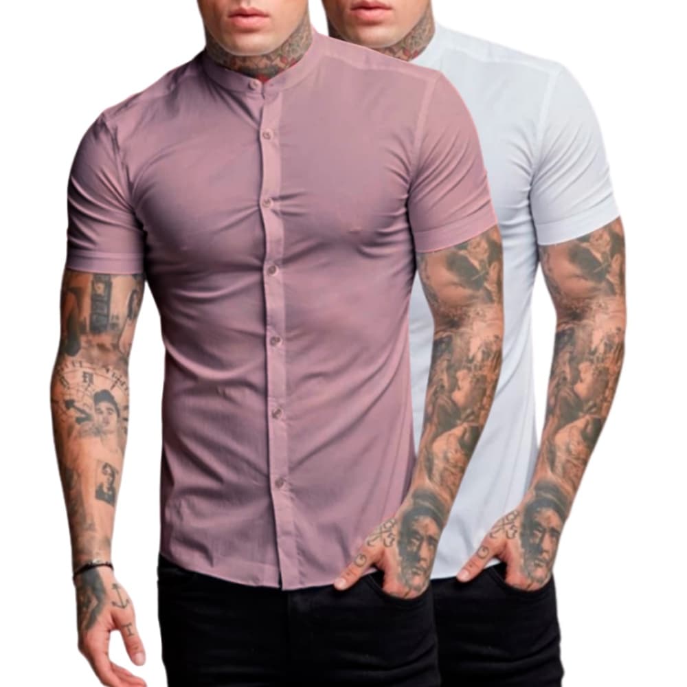 Kit 2 Camisa Social Masculina Gola Padre Manga Curta Blusa Social Gola Padre Premium Camiseta Social Slim Fit