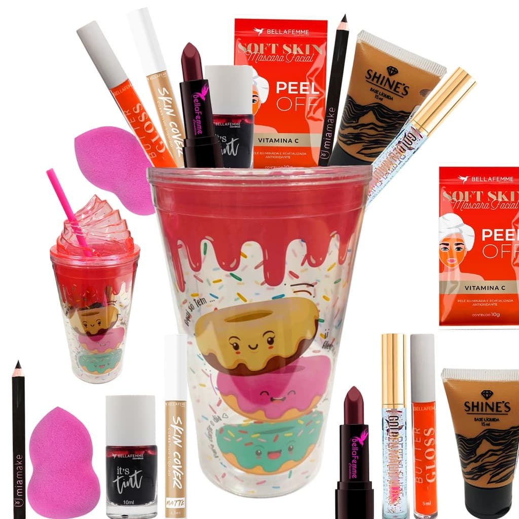 Kit Maquiagem Make shake  Milk Copo da Felicidade 10 Itens  Copo Acrílico
