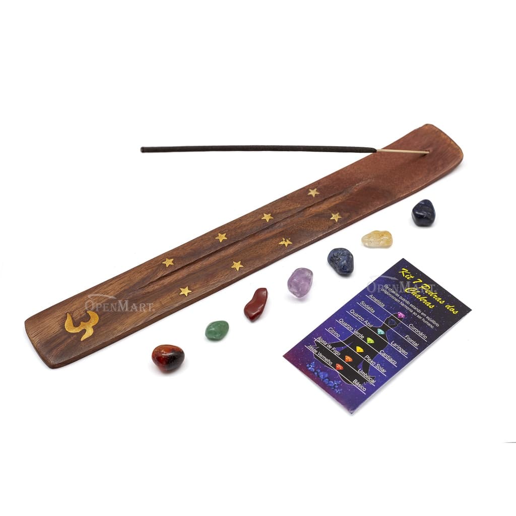 Incensário Hindu em madeira + 7 pedras de chakras / 7 pedras da sorte /kit prosperidade / cianita azul para Meditação