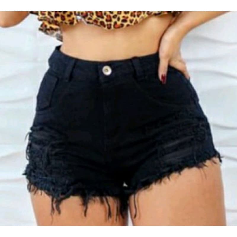 Shorts Preto Jeans Desfiado Detonado