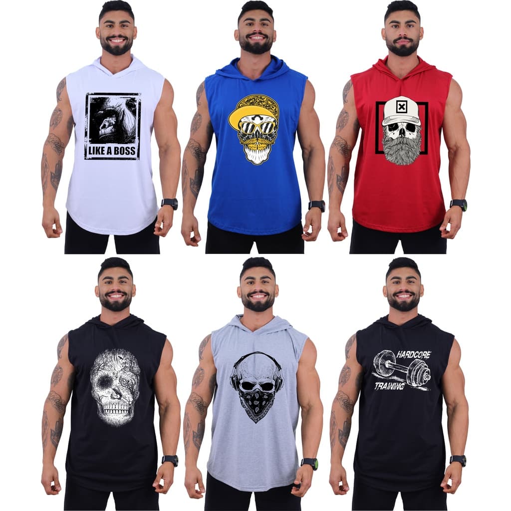 Kit 6 Regatas Longline Machão Com Touca Masculina MXD Conceito Academia Musculação Casual