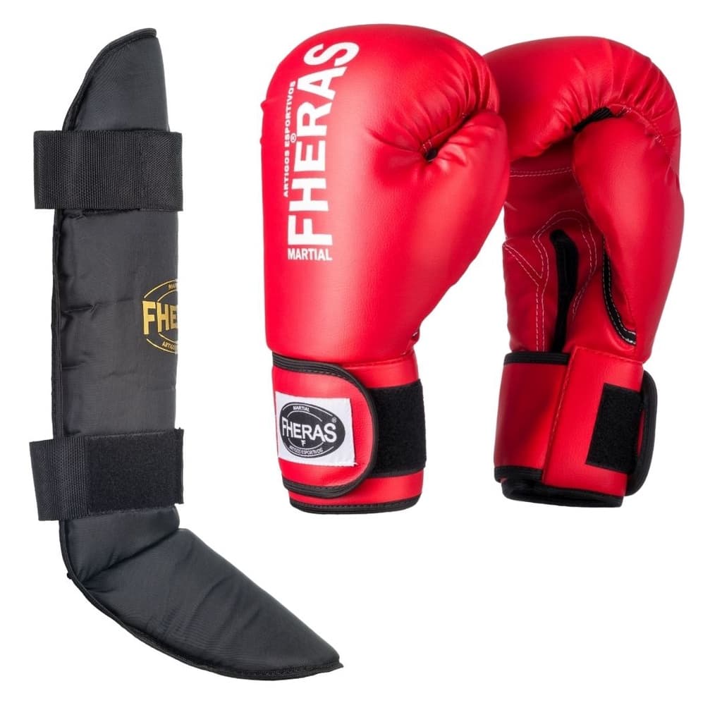 Luva Muay Thai e Boxe Tradicional Vermelha e Caneleira Free Style Fheras