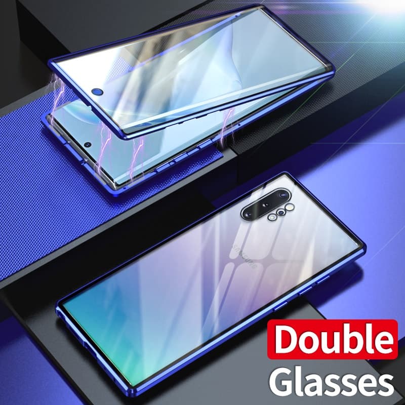 Samsung Galaxy Note 10 Plus 9 8 Note9 Flip Capa Magnética De Metal De Dupla Face Vidro Temperado 360 Rígida À Prova De Choque Anti Impacto Flip Capinha Phone Case